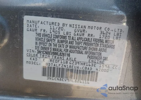 2021 Nissan Versa Sv Xtronic Cvt z USA, uszkodzony, nr VIN 3N1CN8EV9ML826116